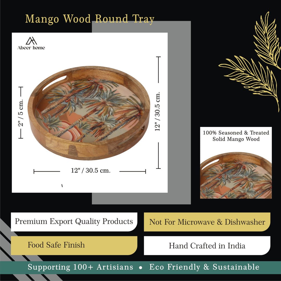 Mango Wood Round Tray- Palm Garden