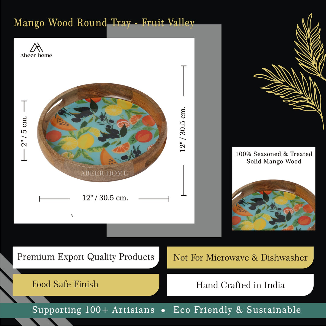 Mango Wood Round Tray- Fruit Valley