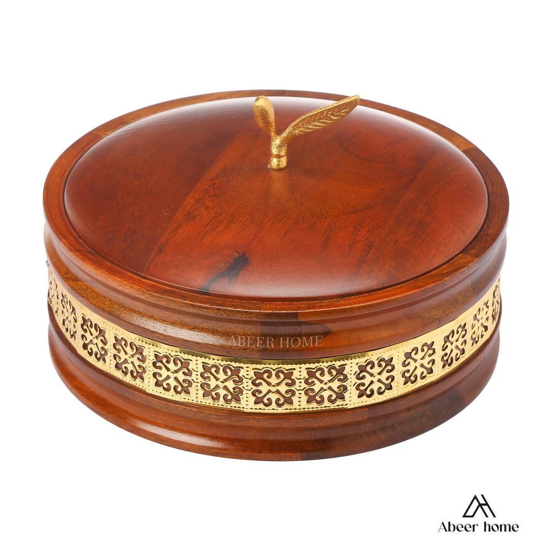 Handcrafted Premium Wooden Roti Casserole, Roti Box, Chapati Box, Hotpot roti Box with Gold Leaf Knob with Lid (9x9x4 Inch)