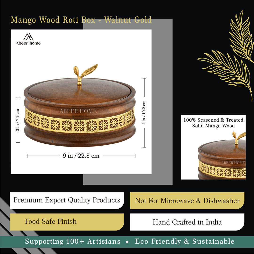 Handcrafted Premium Wooden Roti Casserole, Roti Box, Chapati Box, Hotpot roti Box with Gold Leaf Knob with Lid (9x9x4 Inch)