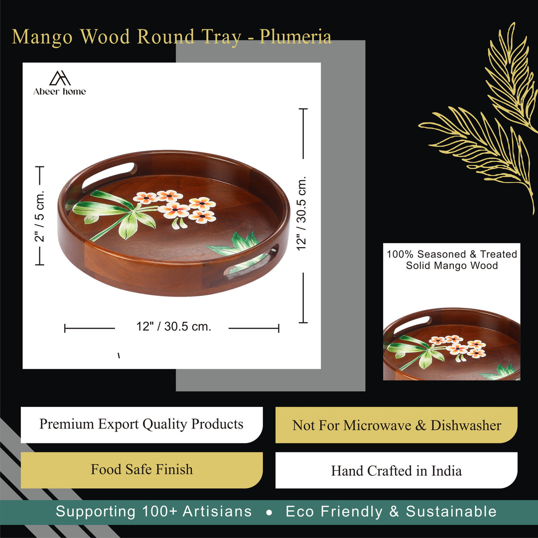 Mango Wood Round Tray- Plumeria