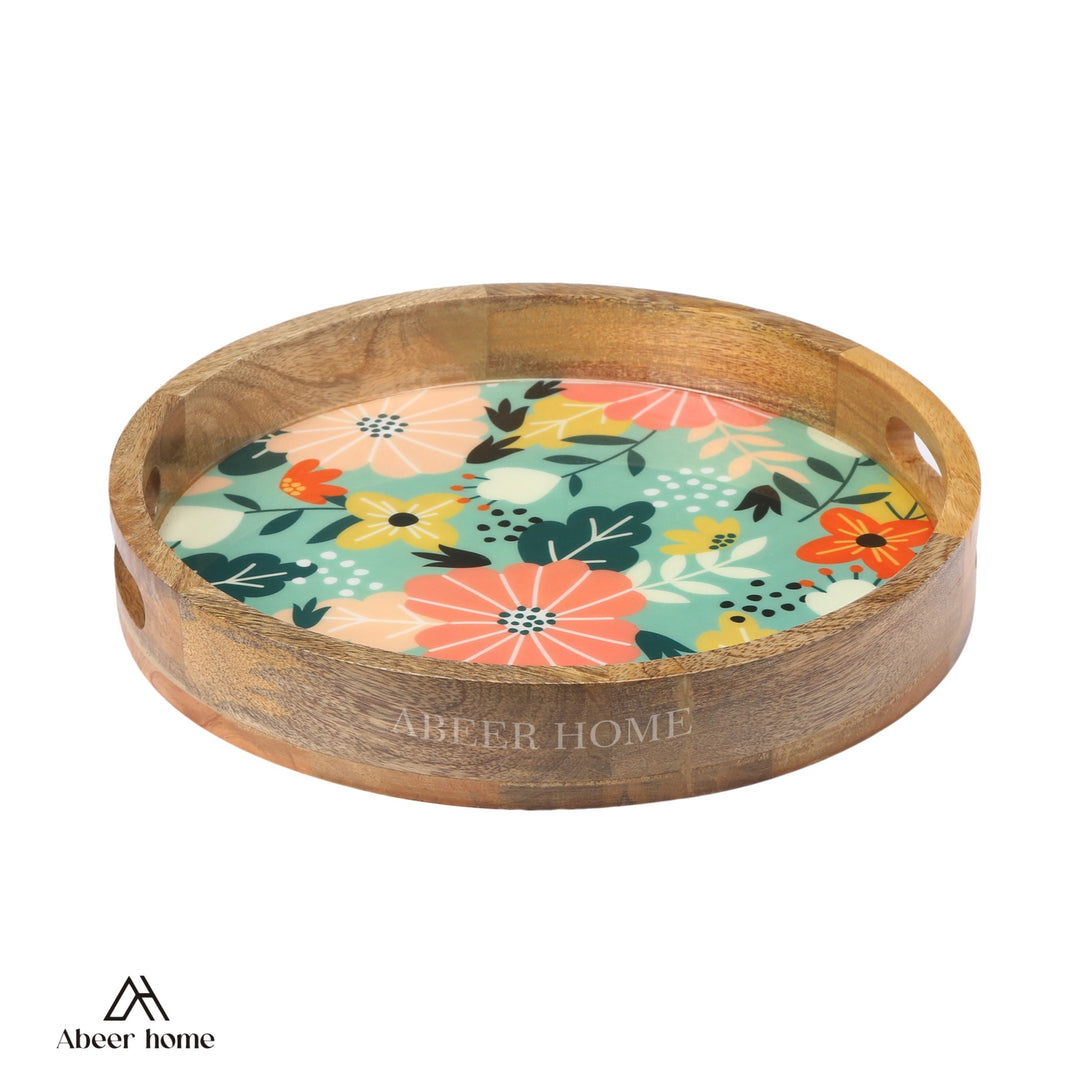 Mango Wood Round Tray -Green floral