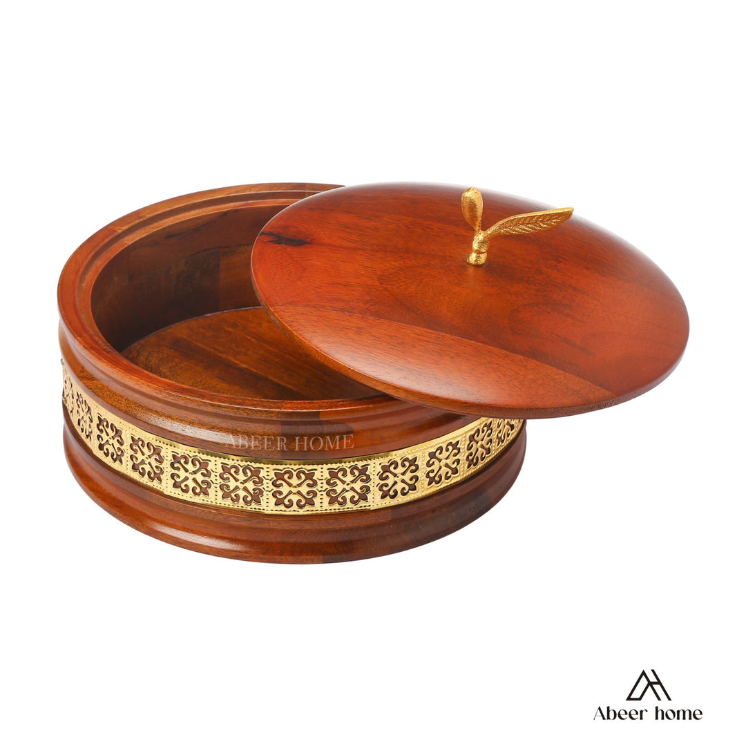 Handcrafted Premium Wooden Roti Casserole, Roti Box, Chapati Box, Hotpot roti Box with Gold Leaf Knob with Lid (9x9x4 Inch)