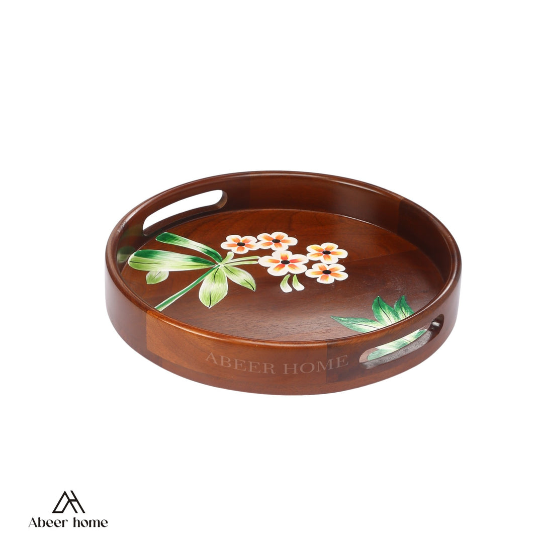 Mango Wood Round Tray- Plumeria
