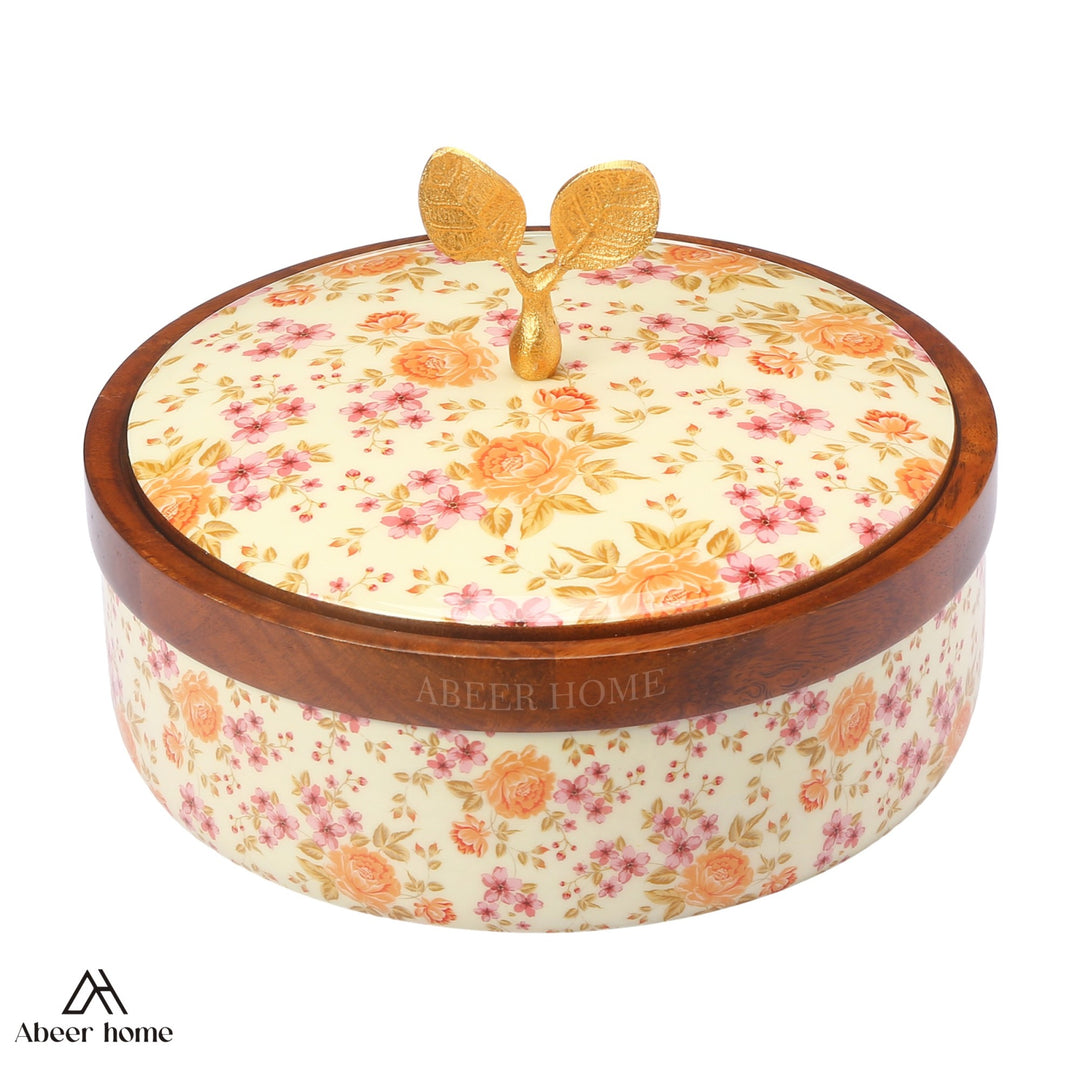 Mango wood Roti Box -Peach Floral