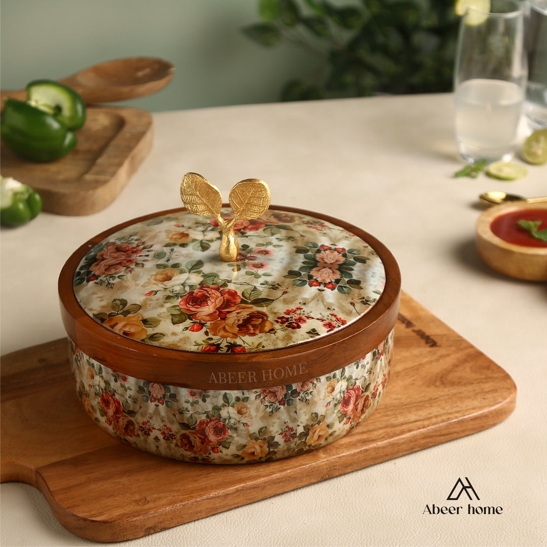 Mango Wood Roti Box -Rose Garden