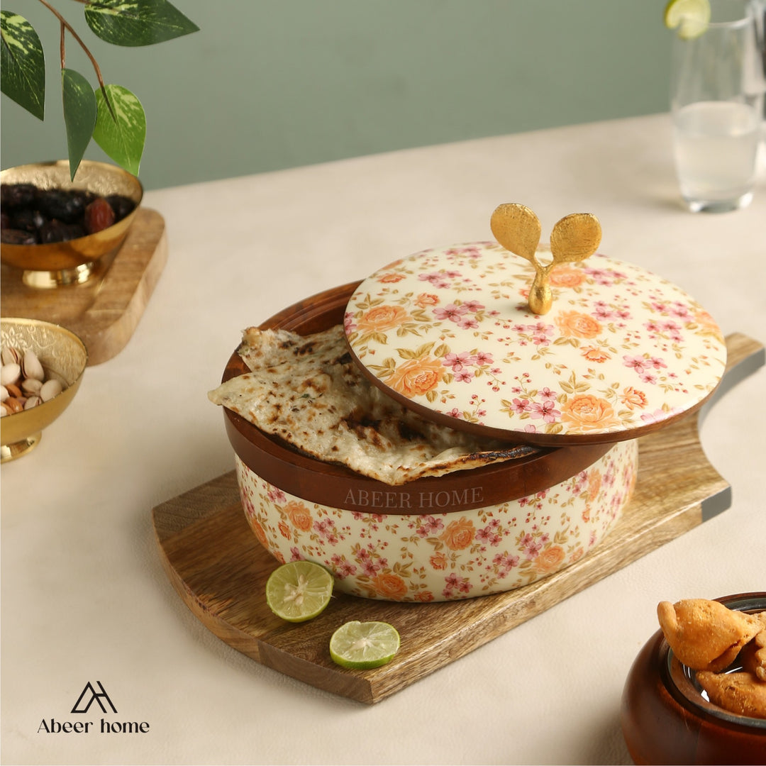 Mango wood Roti Box -Peach Floral
